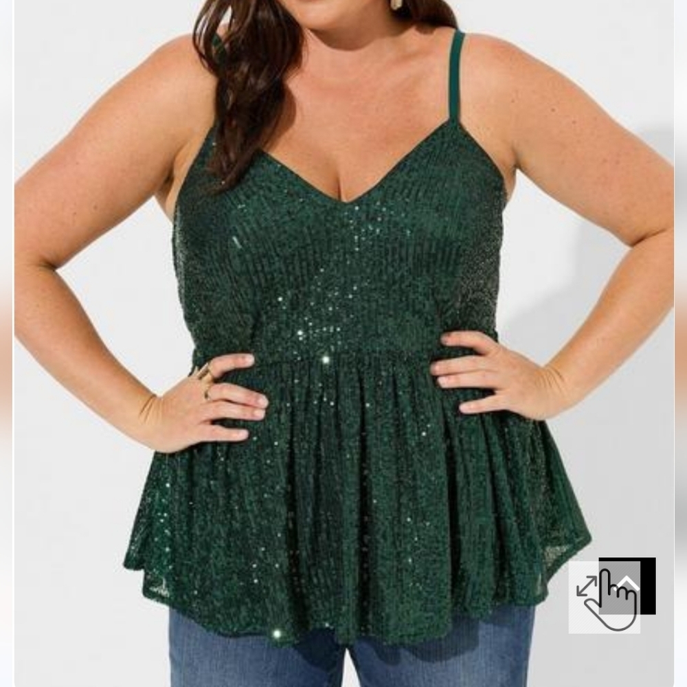 🆕️🎄EMERALD GREEN SEQUIN PEPLUM V-NECK BABYDOLL TOP 🎄